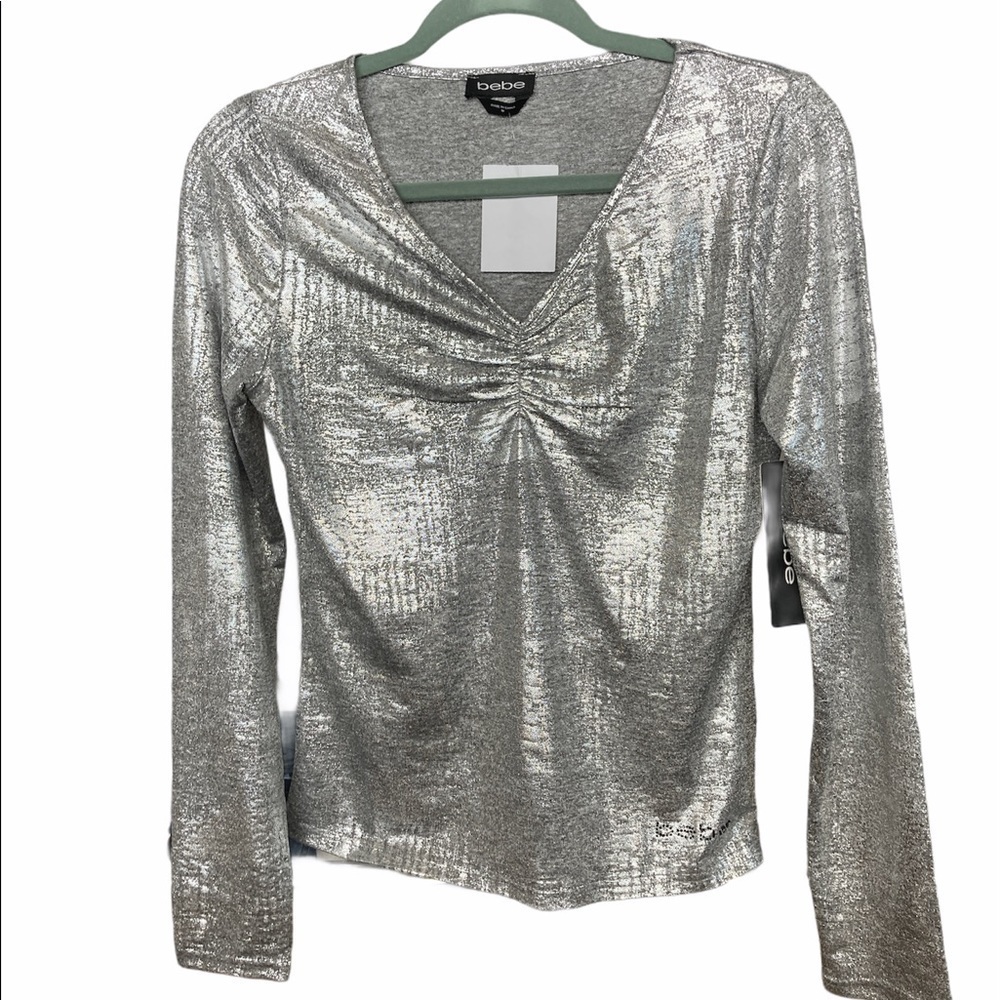 BEBE Glam Metallic Silver Long Sleeves  Medium Special Occasions Cocktail Top